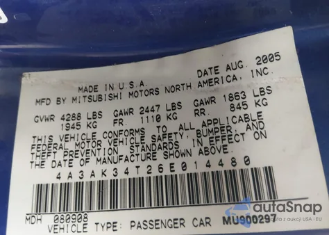 2006 Mitsubishi Eclipse Gt z USA, uszkodzony, nr VIN 4A3AK34T26E014480